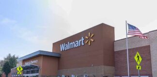 Walmart storefront with American flag and outdoor garden center