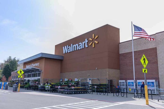 Walmart storefront with American flag and outdoor garden center