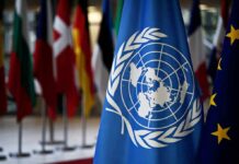 United Nations flag among international flags