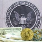 cryptocurrency coins and cash in front of SEC emblem