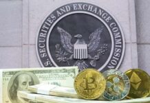 cryptocurrency coins and cash in front of SEC emblem