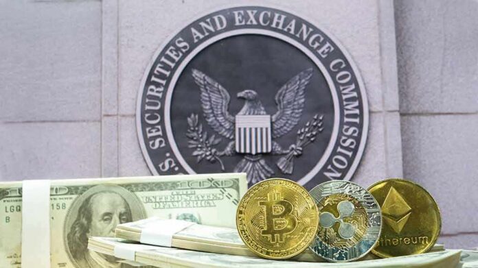 cryptocurrency coins and cash in front of SEC emblem