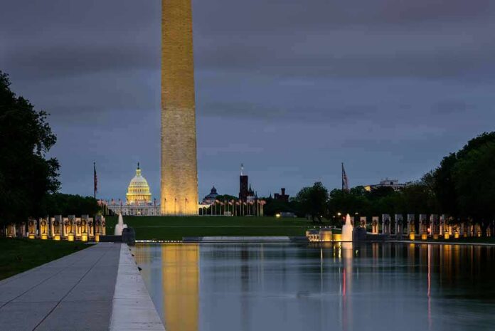 Washington Monument and reflecting pool at dusk