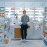 Yvonne Li assisting a customer at a pharmacy counter