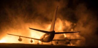 Airplane on runway with large fire and smoke at night