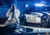 forensic investigator photographing crime scene near police car