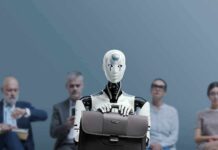 Jan-Peter Nikiferow seated with a humanoid robot holding a briefcase in front