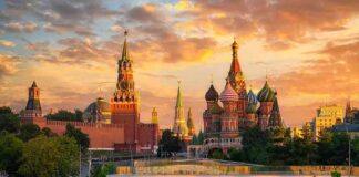 St. Basil's Cathedral and Kremlin towers at sunset