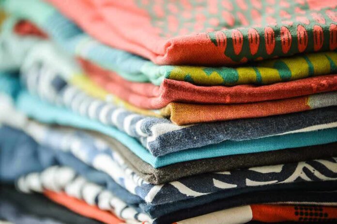 Stack of folded patterned t-shirts