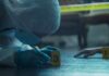 forensic investigator in protective suit examining crime scene markers