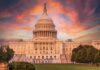 United States Capitol building at sunset
