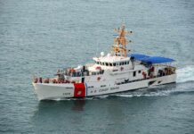 U.S. Coast Guard patrol boat cruising at sea