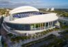 Baseball stadium with retractable roof partially open
